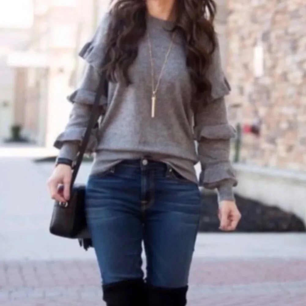 EUC Women's J. CREW Ruffle Sleeves Wool Blend Gray Sweater | Size‎ XS